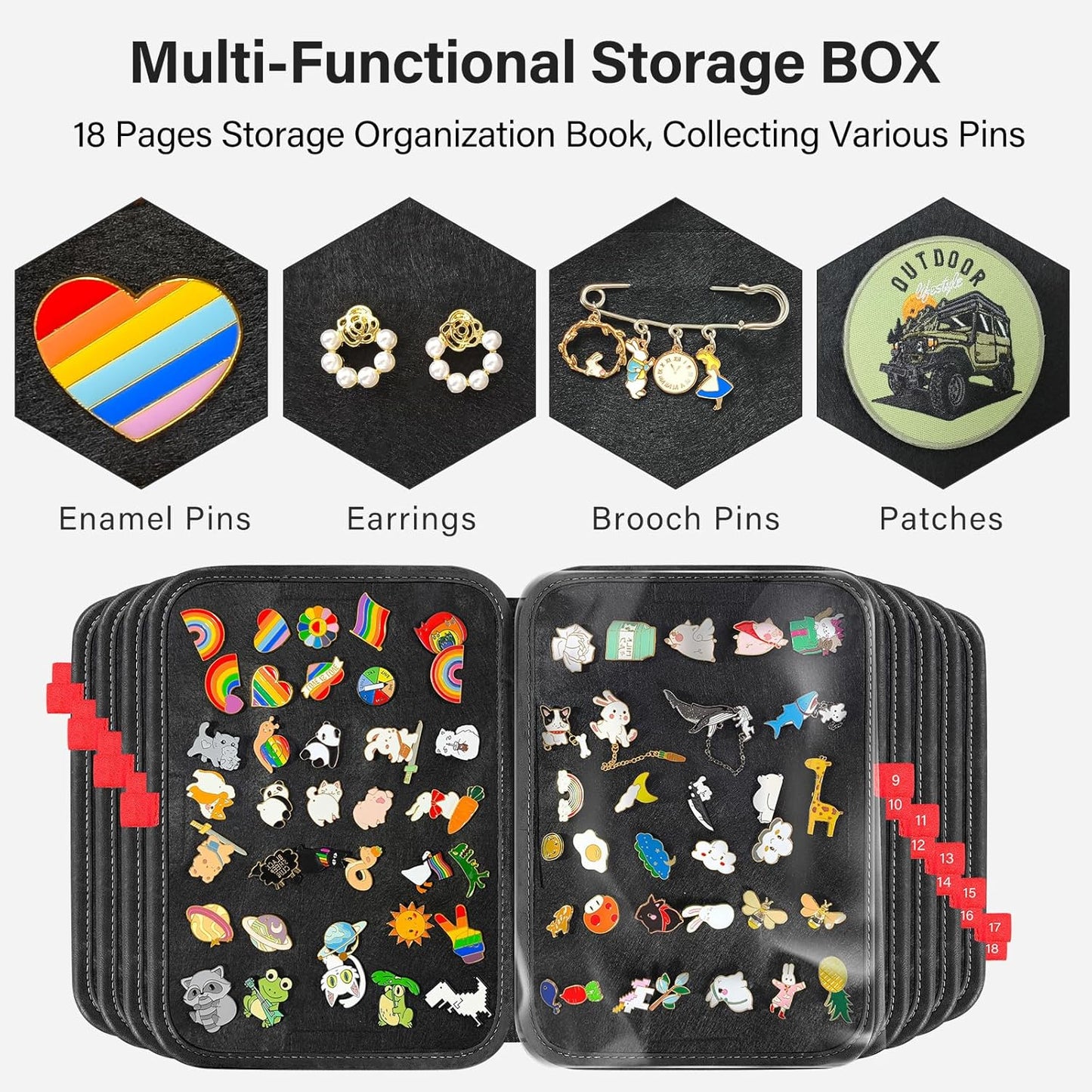 Enamel Pin Display Book, 18 Page Pin Bag For Collectors Pin Board Storage and Organization Pin Display Case For Various Sizes Of Pins, Travel Brooches, Sports Medals, Paper Clips, Earrings
