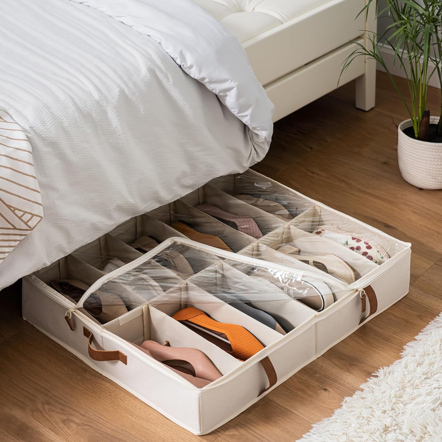 StorageWorks Shoe Organizer for Closet, Fits up to 24 Pairs, 2-Pack Ultra-thick Fabric Under Bed Shoe Storage Containers with Bottom Support and Adjustable Dividers, Beige