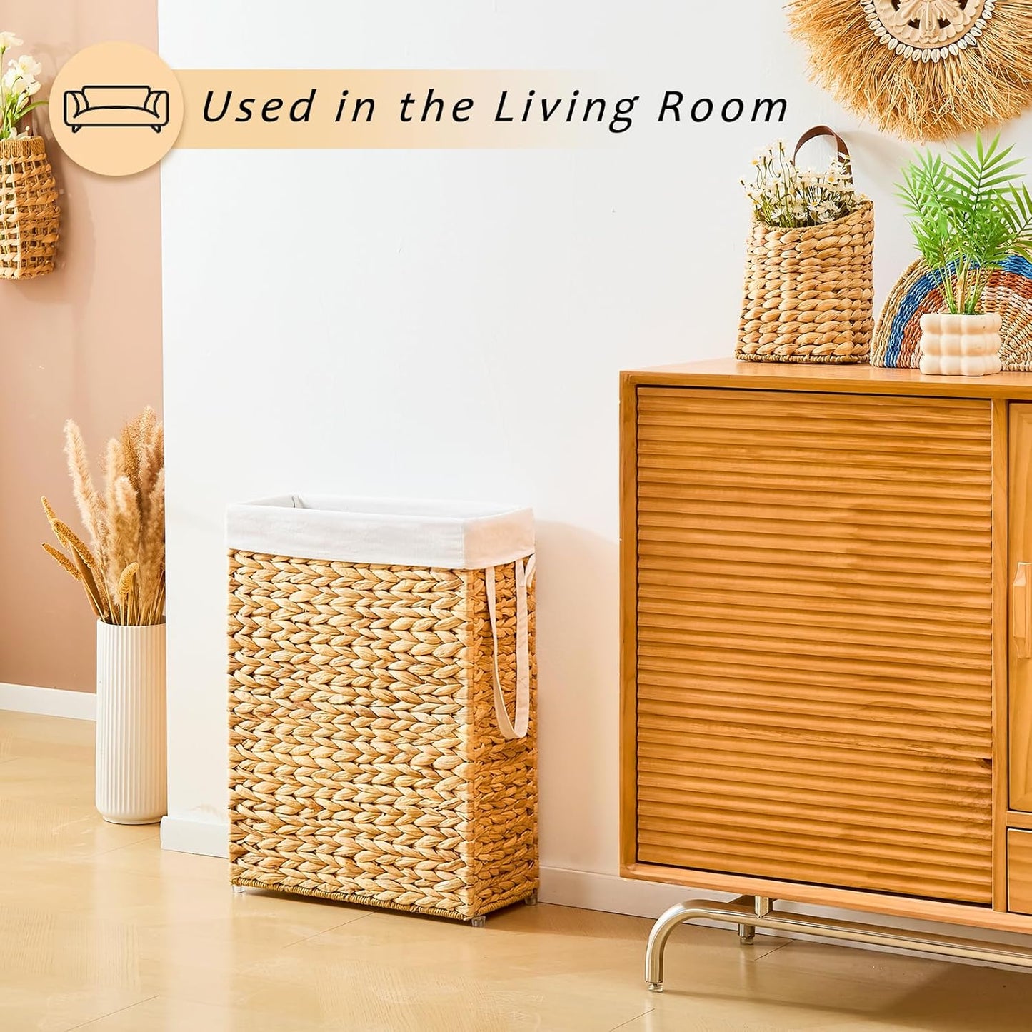 Handwoven Slim Laundry Hamper, 55L Narrow Laundry Basket, Natural Water Hyacinth Basket and Handles and Removable Liner Bag & 2 Mesh Bags (Natural, 55L)