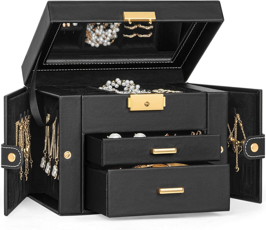 TORIBIO Jewelry Box for Women, Leather Jewelry Organizer with Mirror & Lock, 3-Tier Jewelry Storage Organizer with 2 Drawers for Girls/Women/Mothers, Necklace Earring Bracelets Holder Organizer
