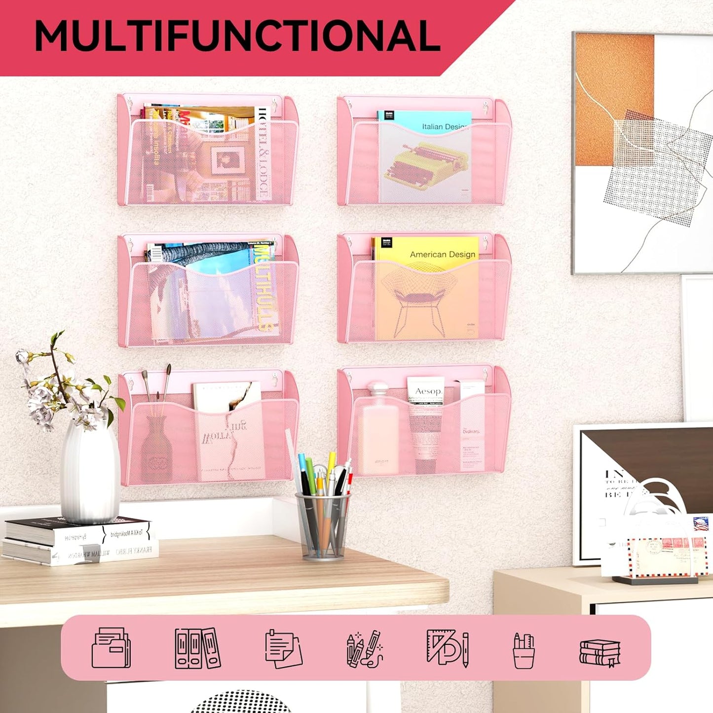3 Single Pocket Wall File Holder, Mesh Hanging File Folder Paper Organizer, Vertical Wall Mounted Mail Basket, Storage Organization Magazine Rack for Office, Home and School, Pink