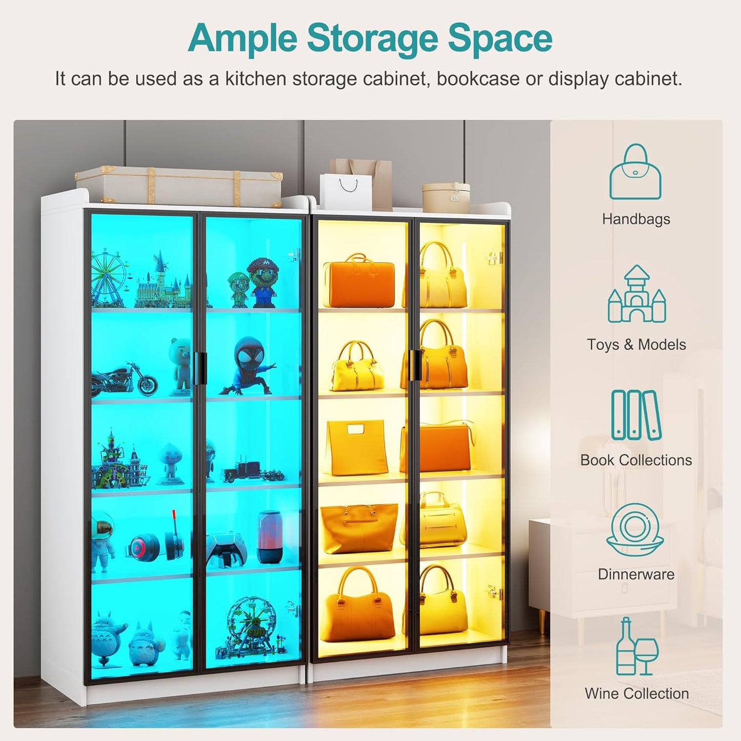 Lvifur 65" LED Display Cabinet with Lights for Living Room, 5 Tier Bookcase with Adjustable Shelves for Office, Tall Storage Cabinet with Human Body Induction for Collectibles (White)