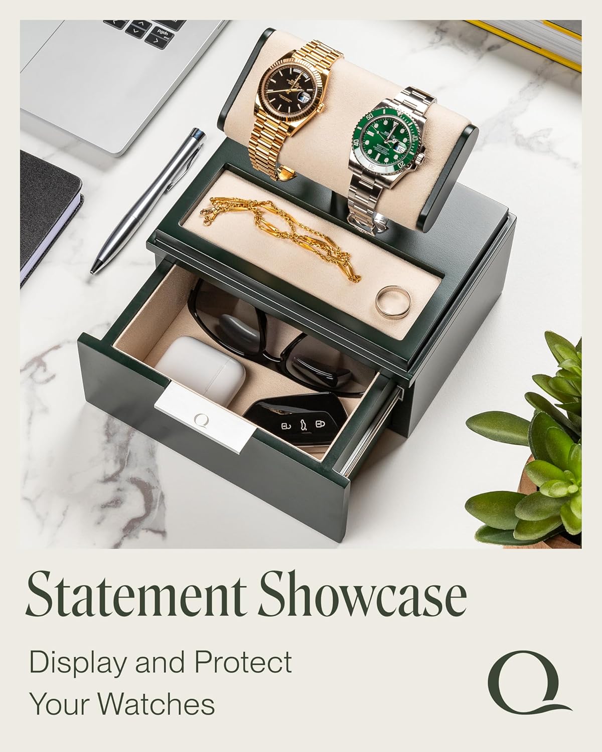 QWATCH Watch Stand Display Case - Acrylic Watch Box for 2 or 4 Watches with Jewelry Valet Tray and Drawer