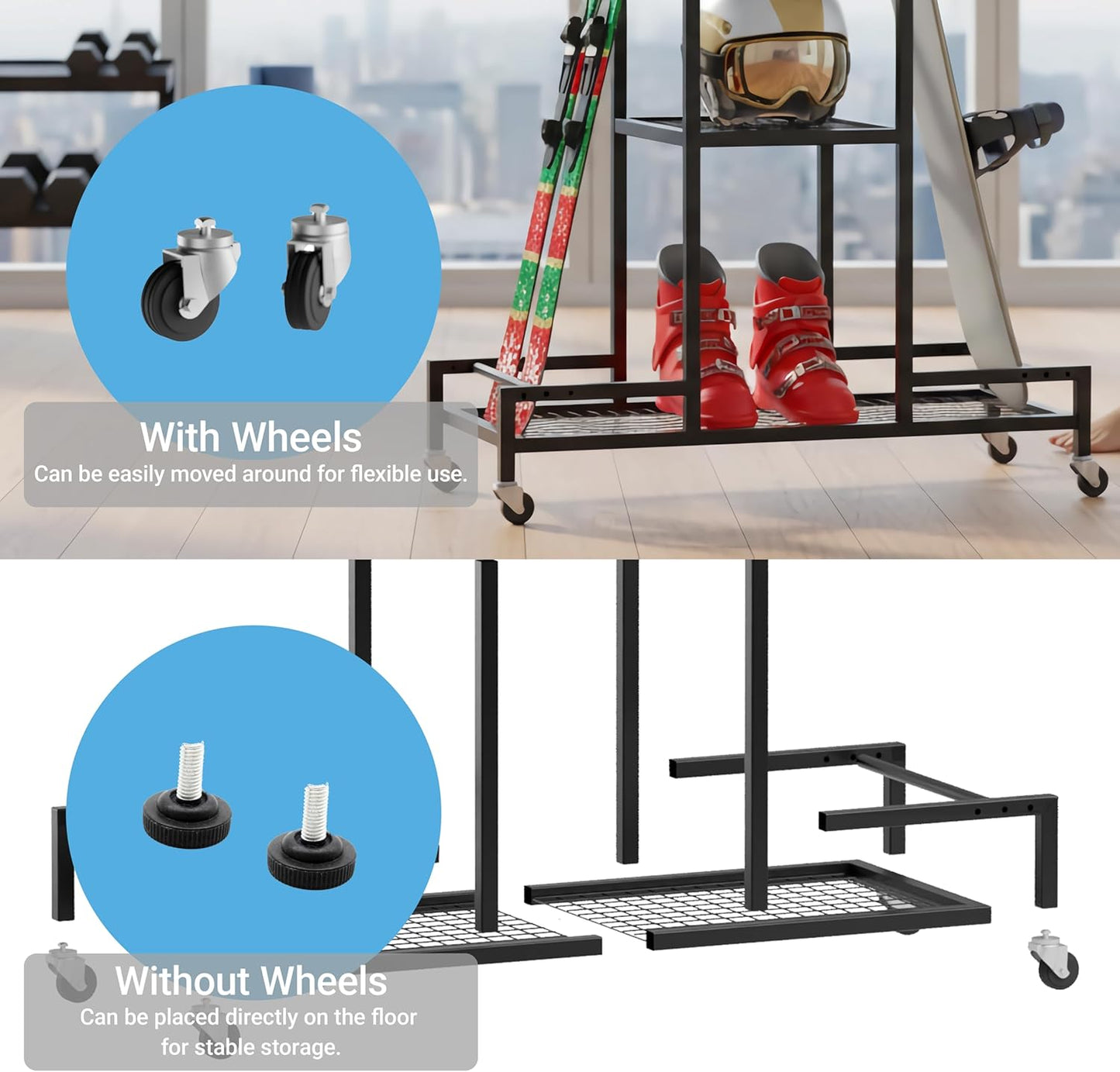 Standing Ski Storage Rack, Holds Snowboards & Skis, 3-Tier Organizer for Gear, Black - Ski Rack for Garage