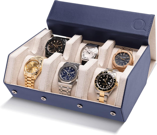 QWATCHBANDS Napa Leather Watch Case for Men - Watch Roll Storage Organizer & Watch Display - Six Slot Luxury Watch Box for Home or Travel - Mens 6 Watch Holder Case (Blue Cream)