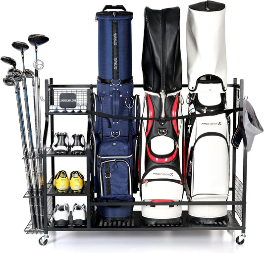 Golf Storage Rack, Garage Golf Organizer for 3 Golf Bags, Clubs, Balls, Shoes & Accessories, Garage Home Heavy Duty Golf Equipment Storage