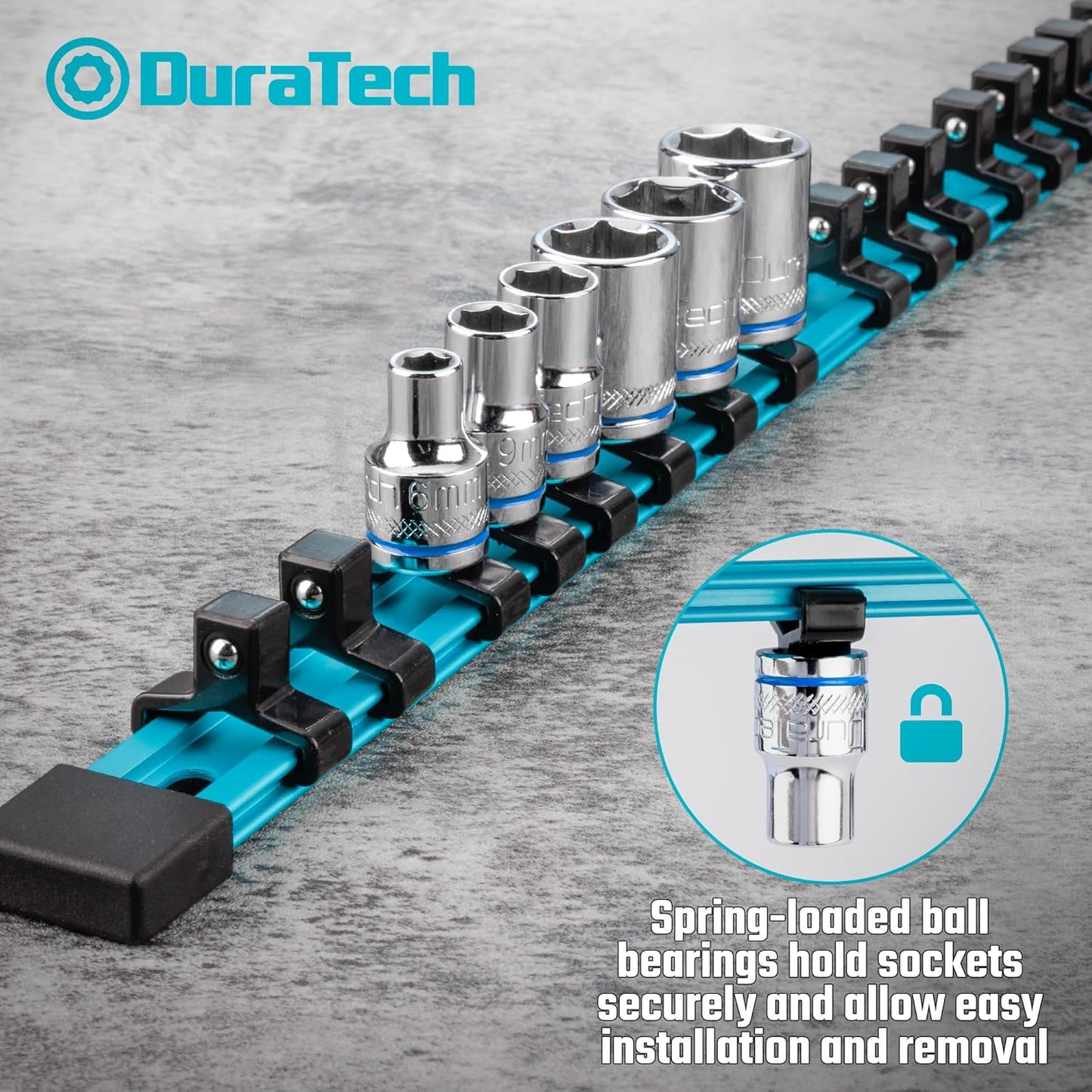 DURATECH Socket Organizer, 3/8-Inch Aluminum Alloy Socket Holder, Heavy Duty Socket Rail Hold 18 Sockets