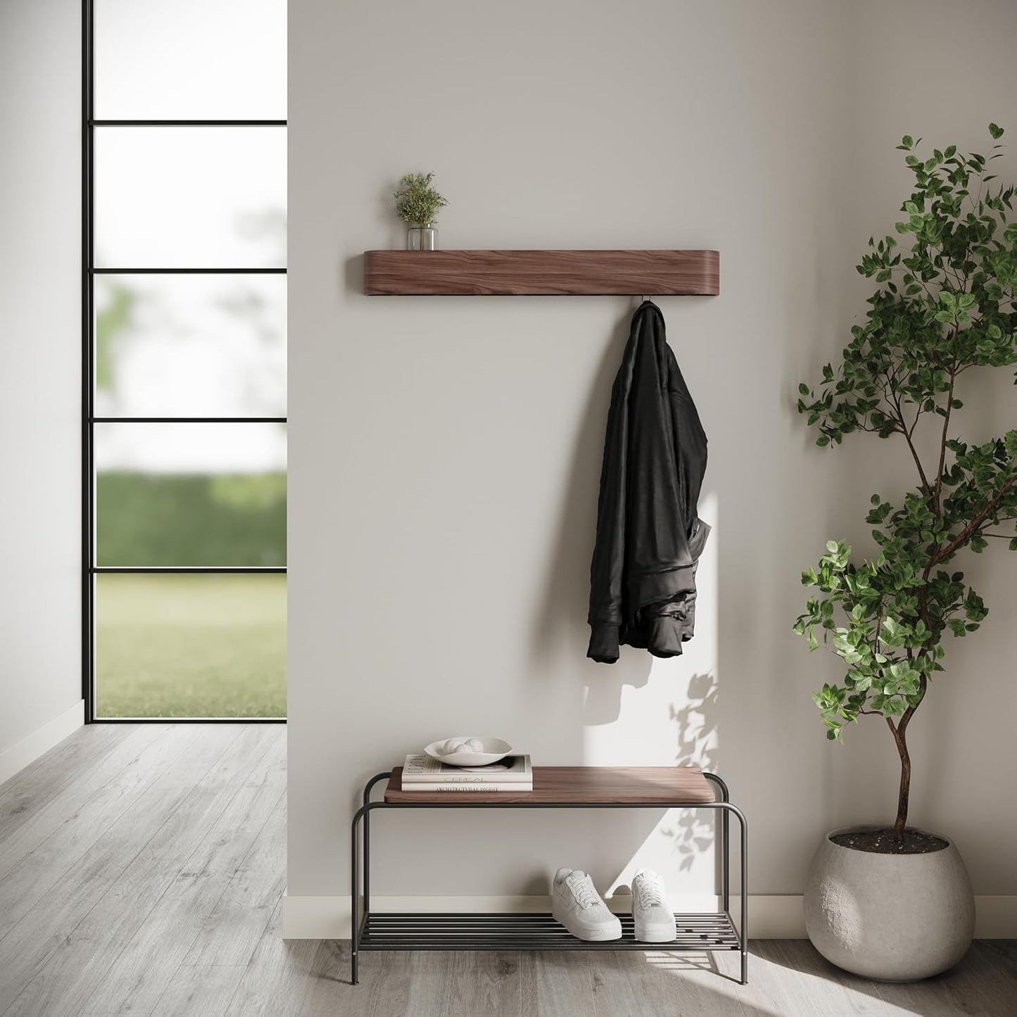 Kazai. Wall-Mounted Coat Rack 'Toke' - Modern Design with Hidden Wall Hooks - Solid Wood Veneer Panel Coat Hanger - Walnut