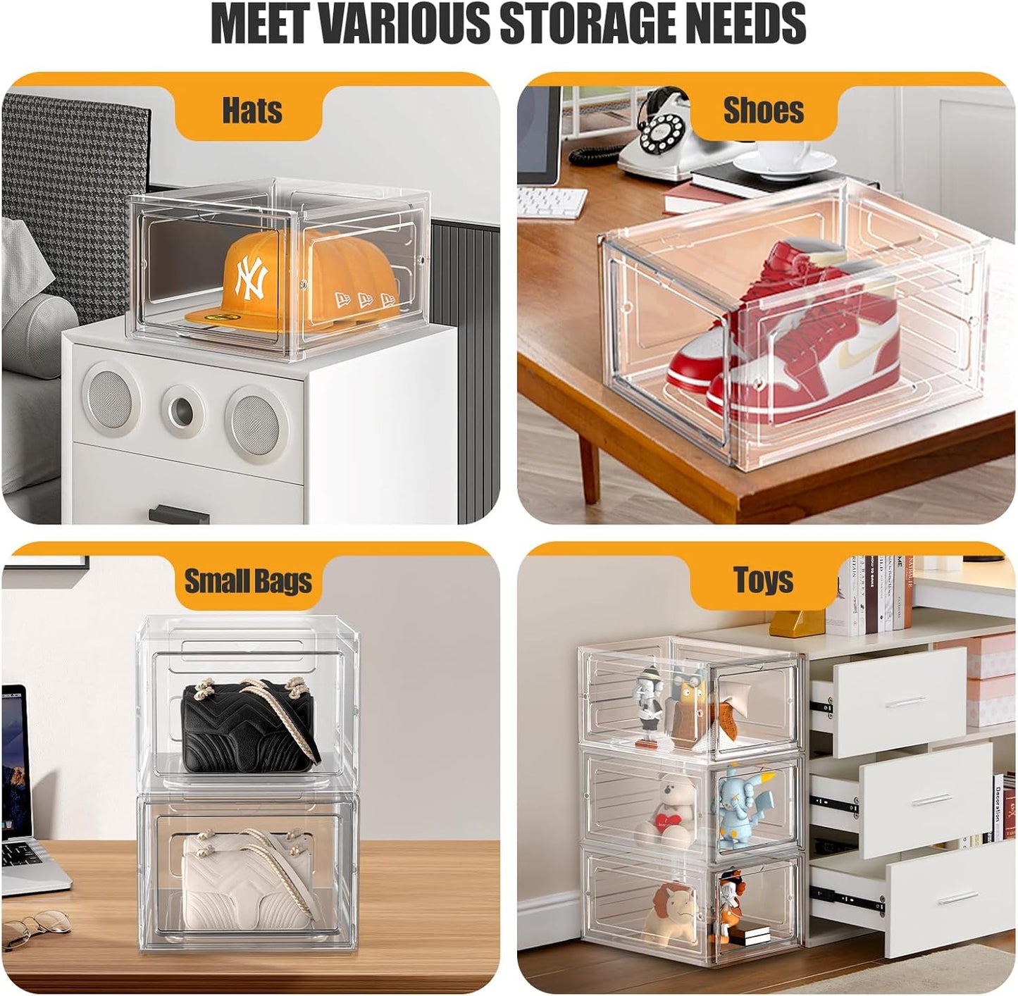 Hat Organizer Box, Stackable Clear Baseball Caps Holder Box Containers with Magnetic Door for Hats Snapback Cap Storag, Hat Rack Display Case, Holds 8 Hats Each (Clear, 2 Pack)