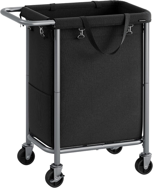 SONGMICS Laundry Basket with Wheels, Rolling Laundry Hamper, 23.8 Gallons (90 L), Removable Liner, Steel Frame with Handle, 24 x 11.4 x 31.9 Inches, Ink Black URLS003B01