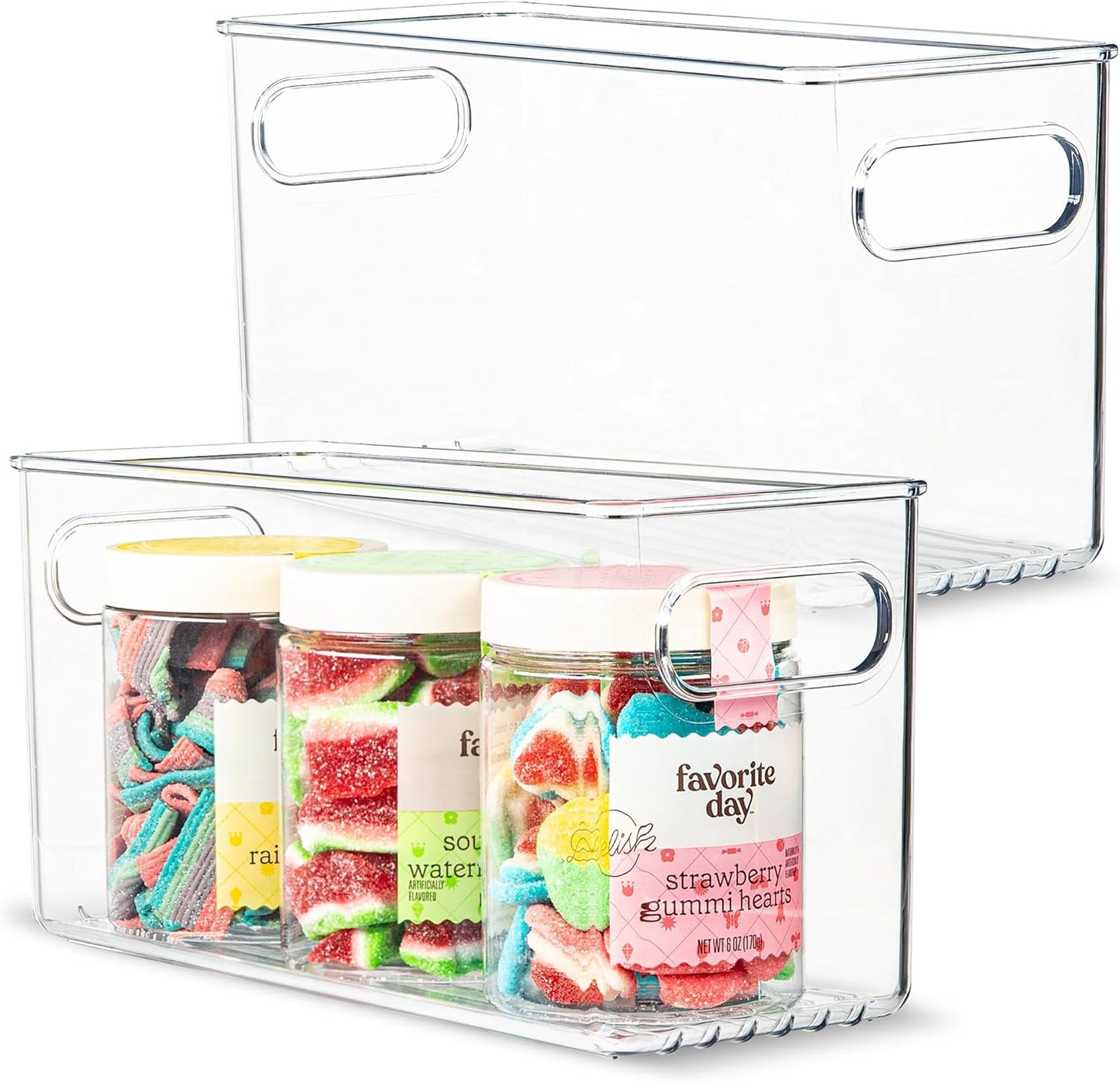 primebox Plastic Food Storage 2 Pack Clear Container Bin with Handles for Organizing Kitchen, Pantry, Refrigerator, Freezer, Pantry, Cabinet, Closet, Bathroom. 10”x4”x5”
