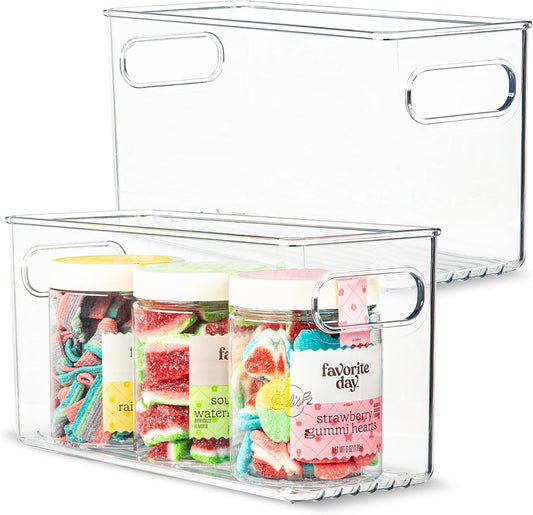 primebox Plastic Food Storage 2 Pack Clear Container Bin with Handles for Organizing Kitchen, Pantry, Refrigerator, Freezer, Pantry, Cabinet, Closet, Bathroom. 10”x4”x5”