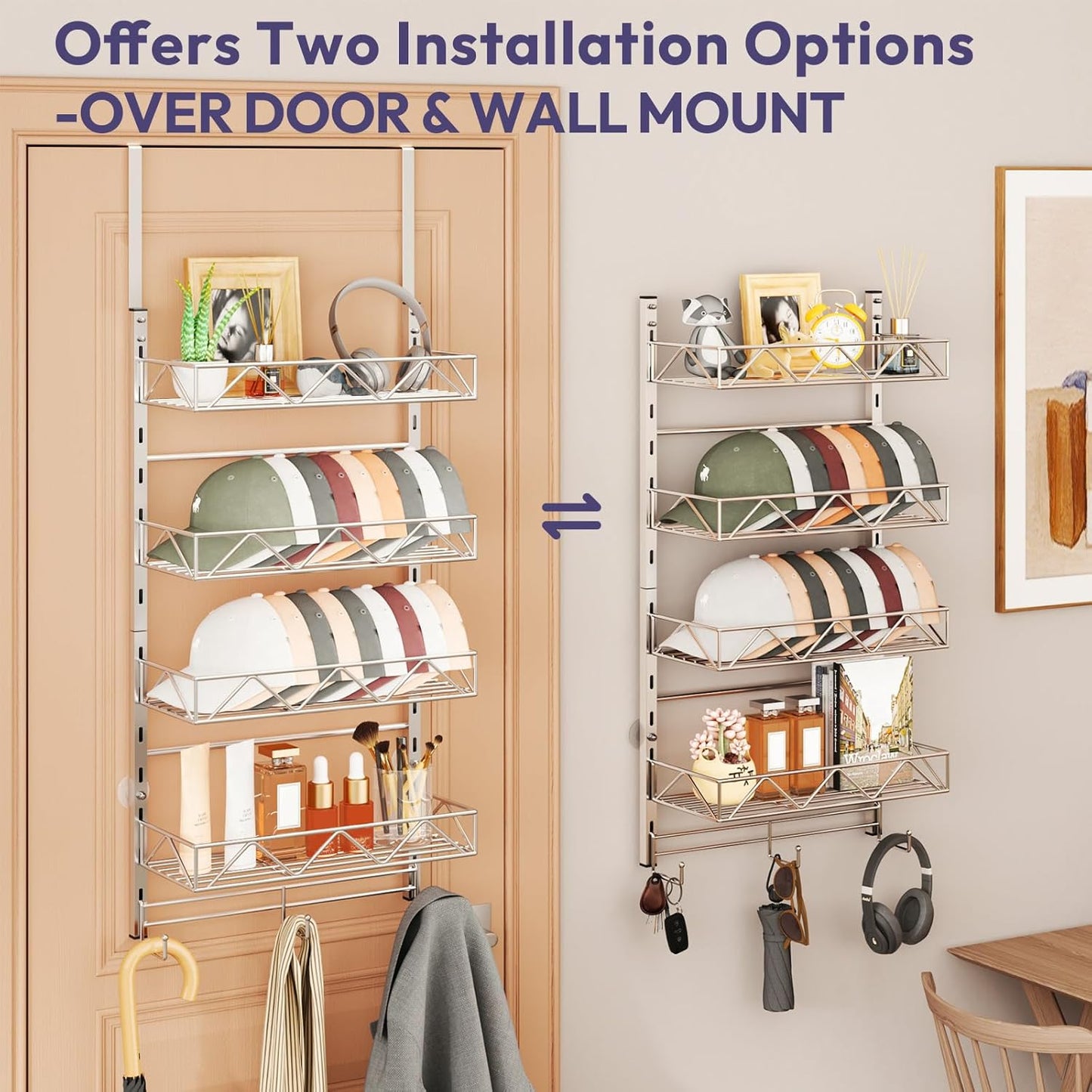 SWTYMIKI Over Door Hat Organizer - 5 Tier Wall Mounted Hat Rack with 4 Adjustable Metal Basket Heights Design and 3 Hooks, Baseball Cap Organizer Storage Holds up to 49 Caps for Door, Bedroom, Closet