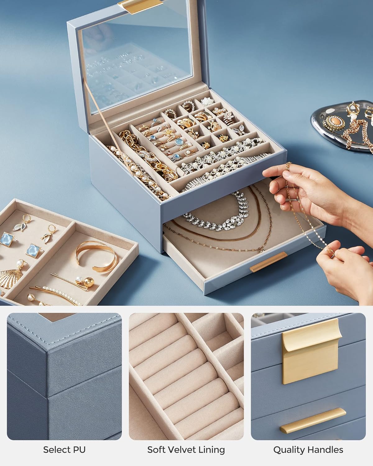 SONGMICS Jewelry Box Organizer with Glass Lid, 3-Layer Jewelry Storage, with 2 Drawers, Modern Style, Christmas Gift, 8 x 9.1 x 5.3 Inches, Smoky Blue and Gold Color UJBC239Q01