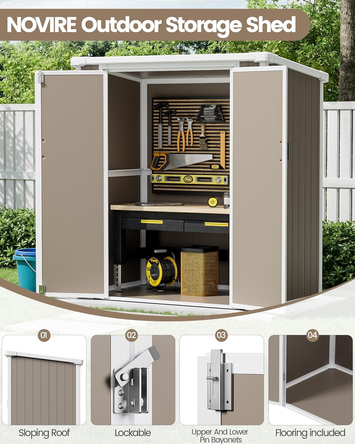 5x3 ft Outdoor Storage Shed with Floor, All-Weather Resin Tool Shed with 2 Shelves, Heavy-Duty Garden Shed for Yard, Bicycle, and Lawn Equipment, Easy Assembly, Warm Gray
