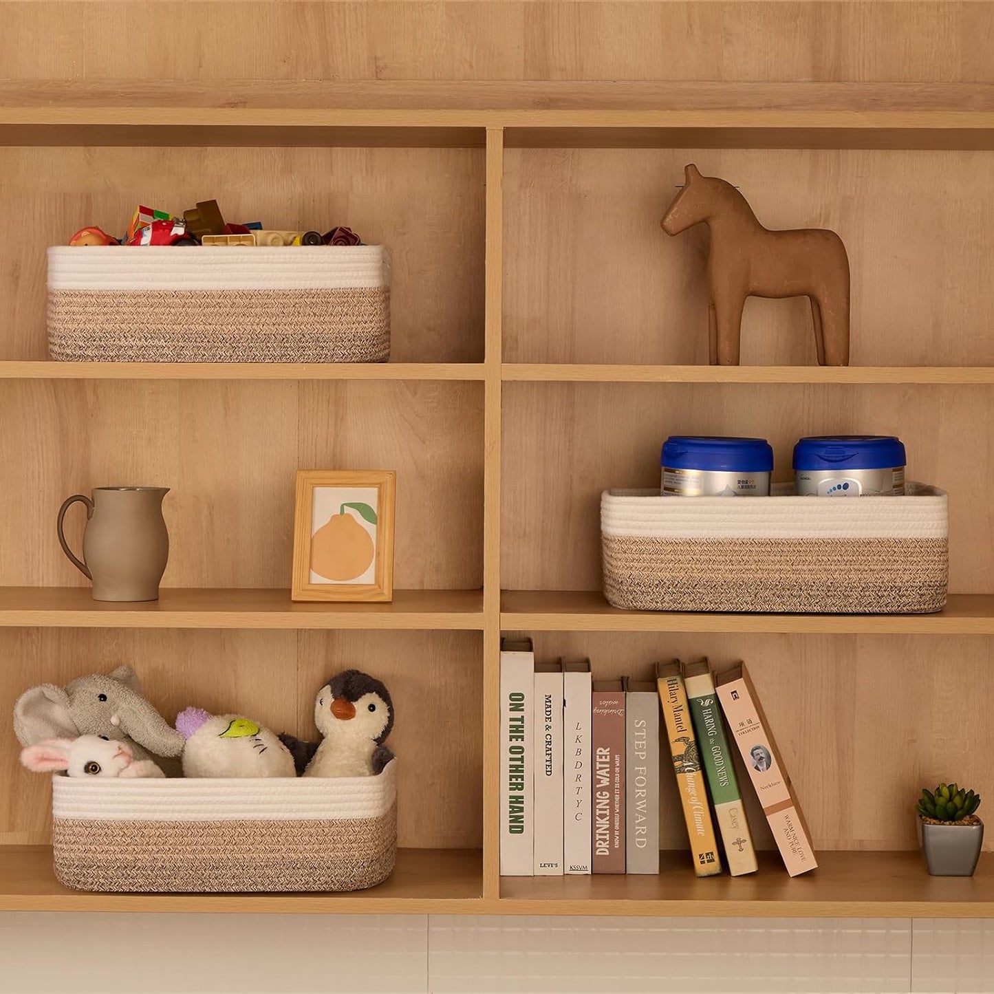 Large Shallow Organizing Baskets 15x11x5.1 Inches - Rope Woven Storage Bins for Bathroom, Shelves, Cube Closet, Gradient Brown 3 Packs