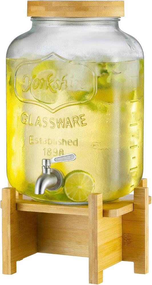 Drink Dispenser with Wood Stand and Lid,2 Gallon Glass Beverage Dispenser with Stainless Steel Spigot for Parties,Picnics,Barbecues,Lemonade,Sun tea Jar,ice coffee,Laundry Detergent Dispenser