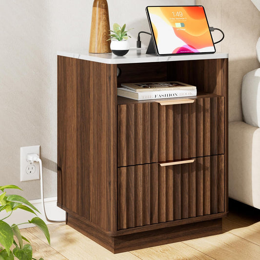Fluted Night Stand with Charging Station, 18" Modern Nightstand with Faux Marble Top, 2 Drawers End Table with Storage, Bedside Table for Bedroom Living Room, Curved Profile Design(Walnut)