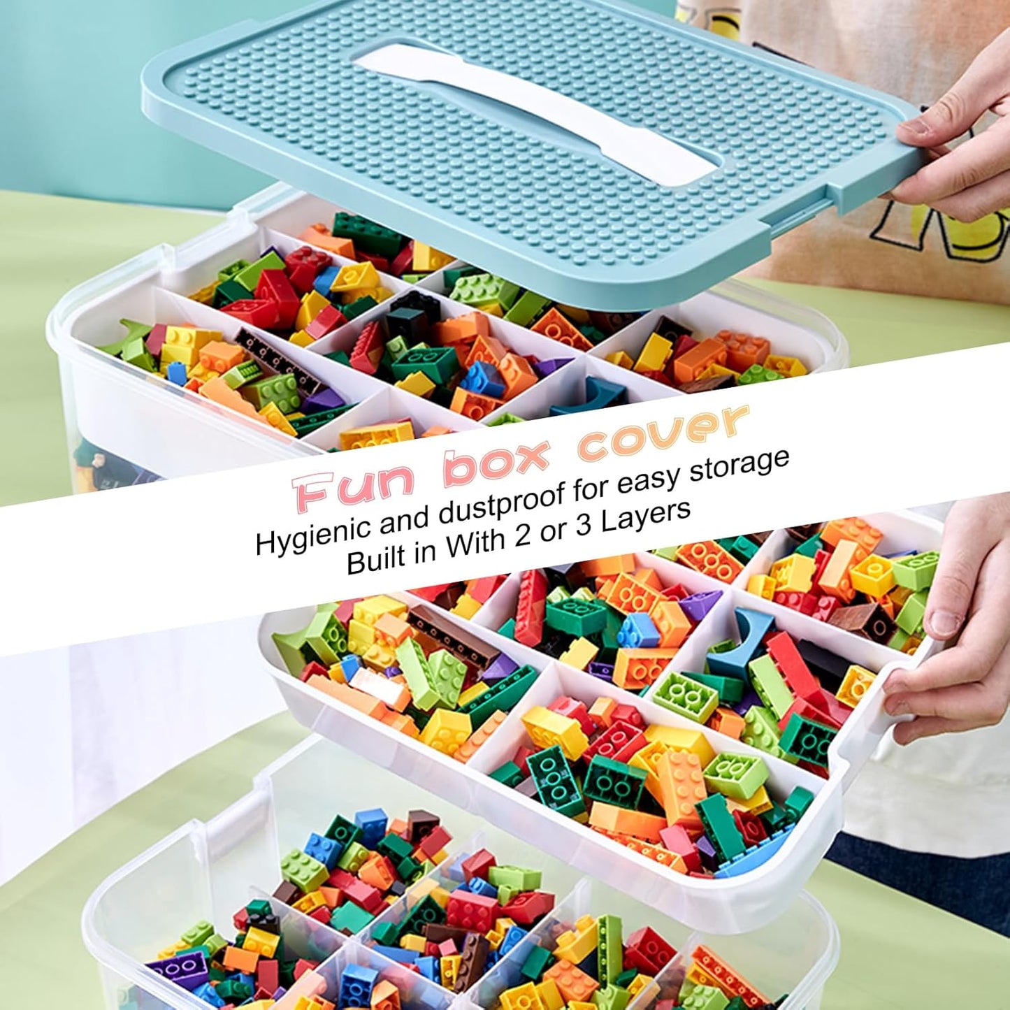 Toys Organizer Storage Case for Lego Box Kids Toy Stackable Building Blocks with Lids Bins Adjustable Lego Storage Containers Plastic Toy Box 3 Layer (Green)