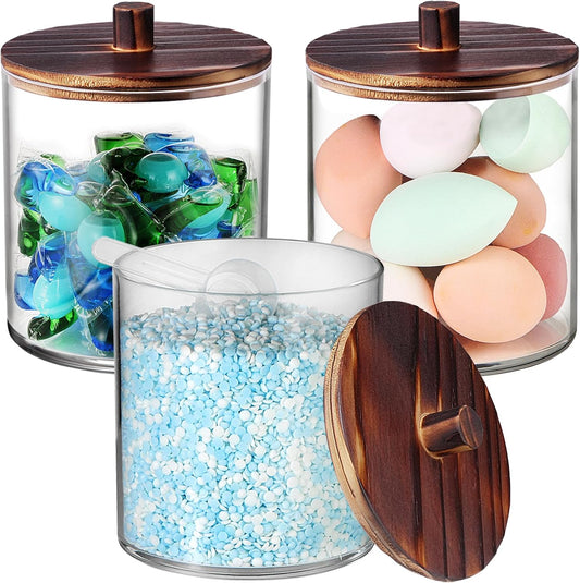 SheeChung 3 Pack 50 Oz Large Apothecary Jar with Wood Lid, Laundry Pods Container, Storage Jars for Bathroom Organization, Plastic Canisters with Cute Stickers Spoons(Dark Brown)