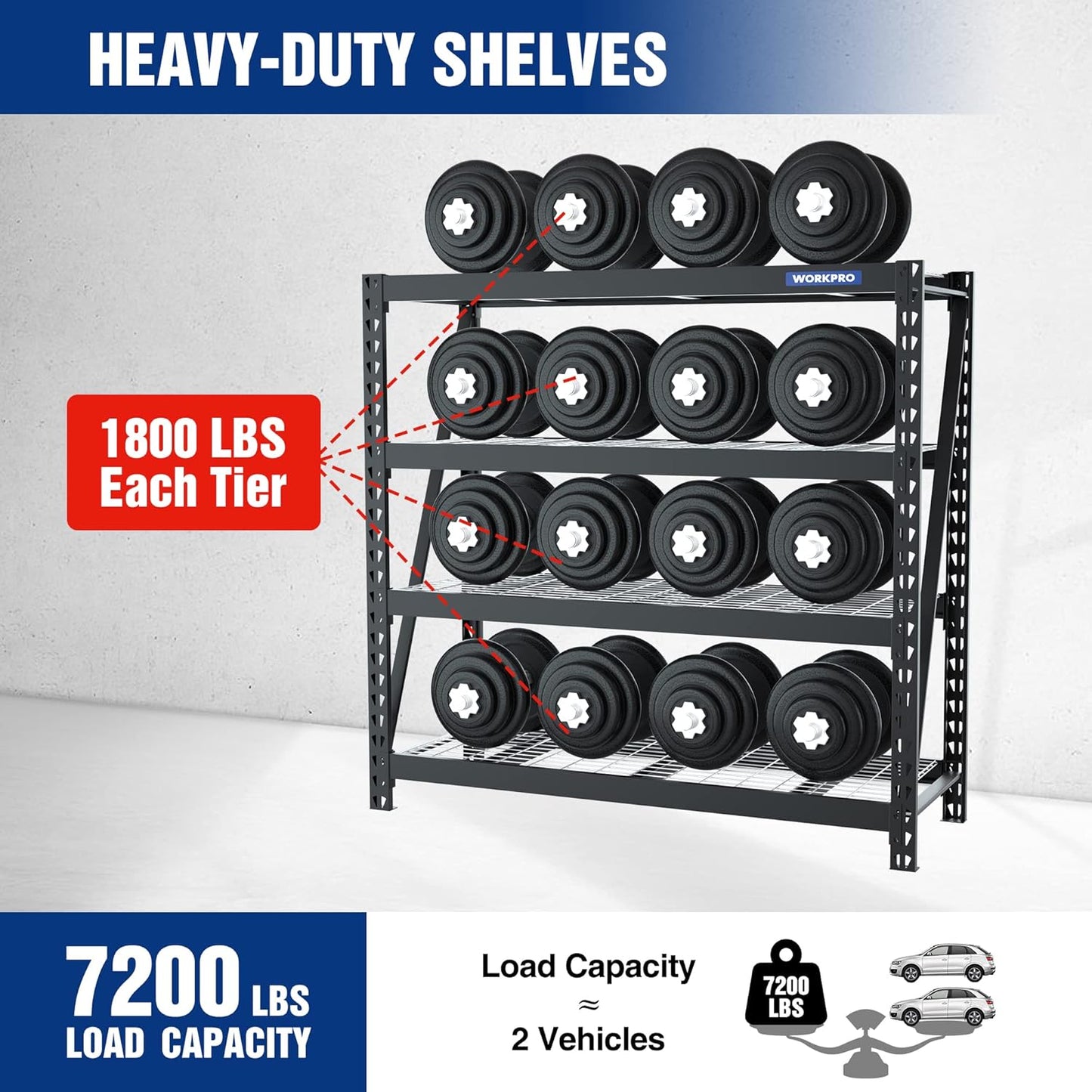 WORKPRO 68" Ultra Wide 4-Tier Metal Garage Shelving Unit, 68"W x 24"D x 65"H, 7200 LBS Capacity, Heavy Duty Storage Utility Rack, Industrial Adjustable Shelves for Shop Warehouse Basement, Pack of 2