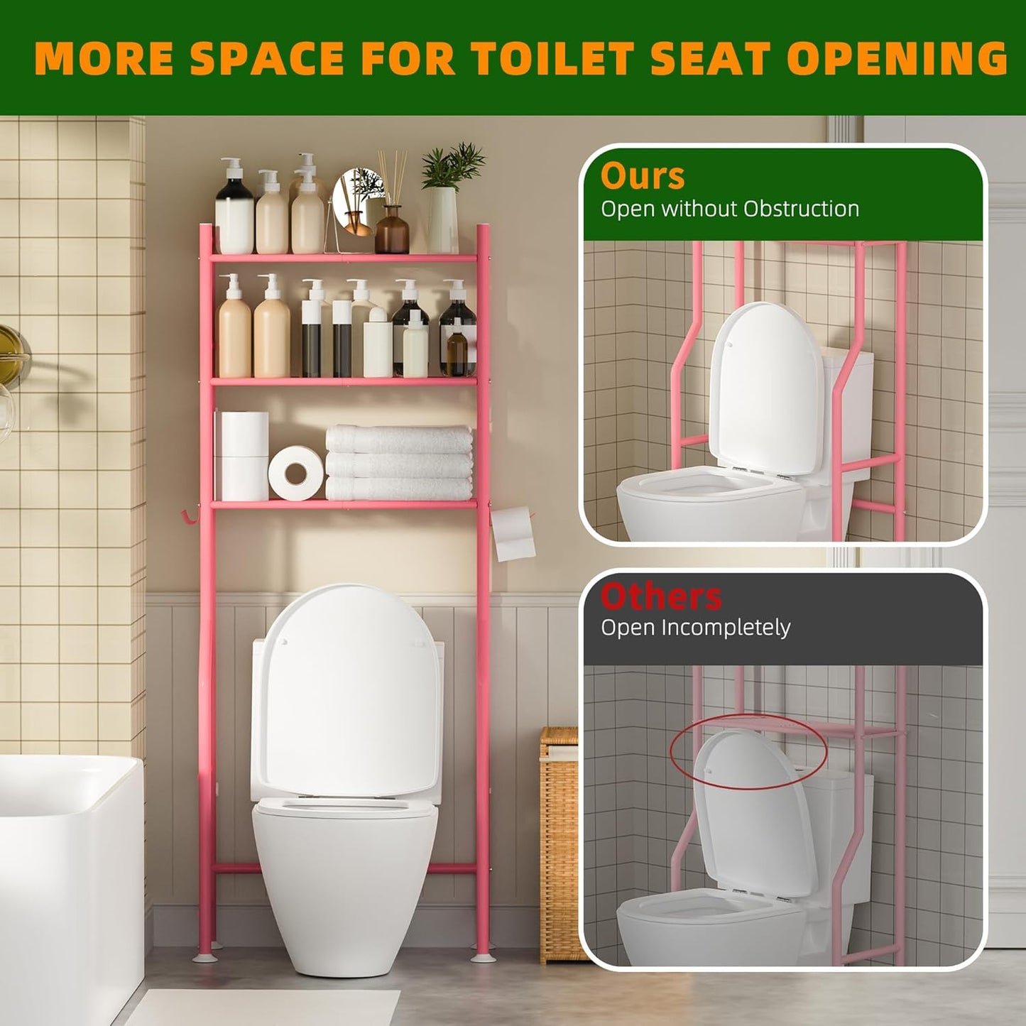 3-Tier Over The Toilet Storage, Space Saver Metal Bathroom Shelves, Freestanding Above Over Toilet Storage Shelf with 4 Hooks for Bathroom, Pink