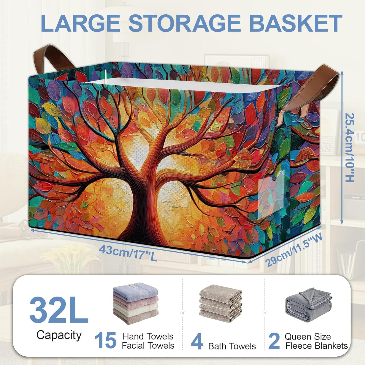 Tree of Life Storage Basket with Handles,Colorful Collapsible Rectangle Organizer Bin for Room Decoration Books Box Baskets 17x11.5x10Inch