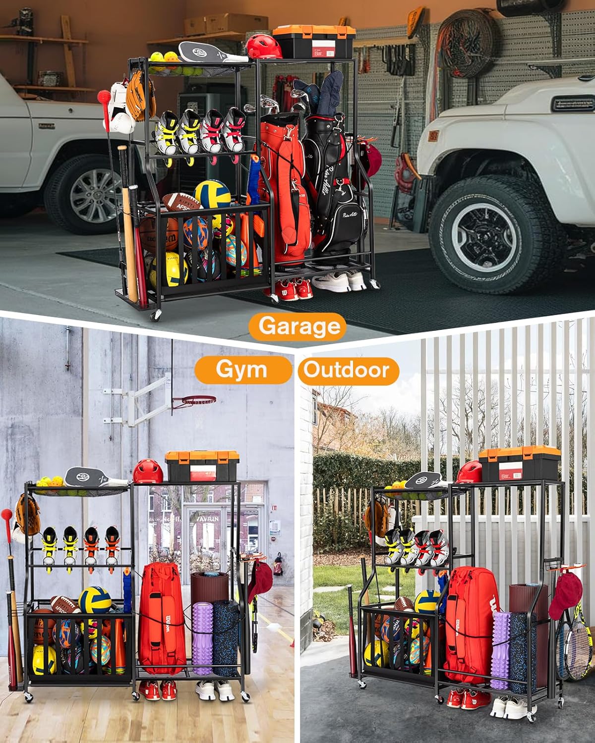Garage Sports Equipment Organizer with Wheels - Golf Bag Storage Rack and Ball Storage Bins, Heavy Duty Rolling Garage Organizer System with Basket and Hooks for Indoor/Outdoor Sports Gear