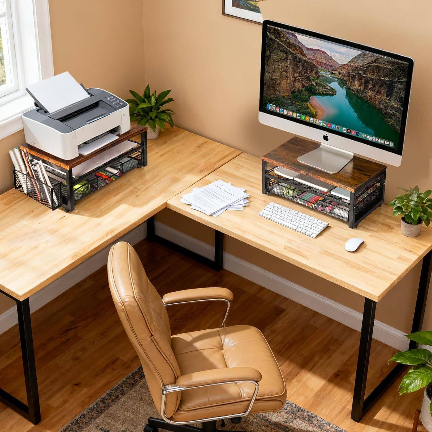 ARCOBIS Monitor Riser with Drawers and Pen Holders, Wood & Mesh Metal Computer Monitor Stand with Storage for Desk, Rustic Brown