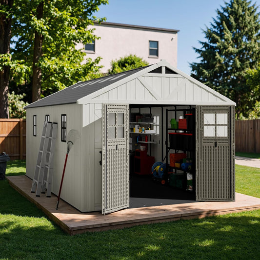 Devoko 10x16 FT Resin Outdoor Storage Shed with Floor, Plastic Tool Garden Shed with Windows & Lockable Door, Outside Large Storage Shed for Patio Backyard Lawn, Beige