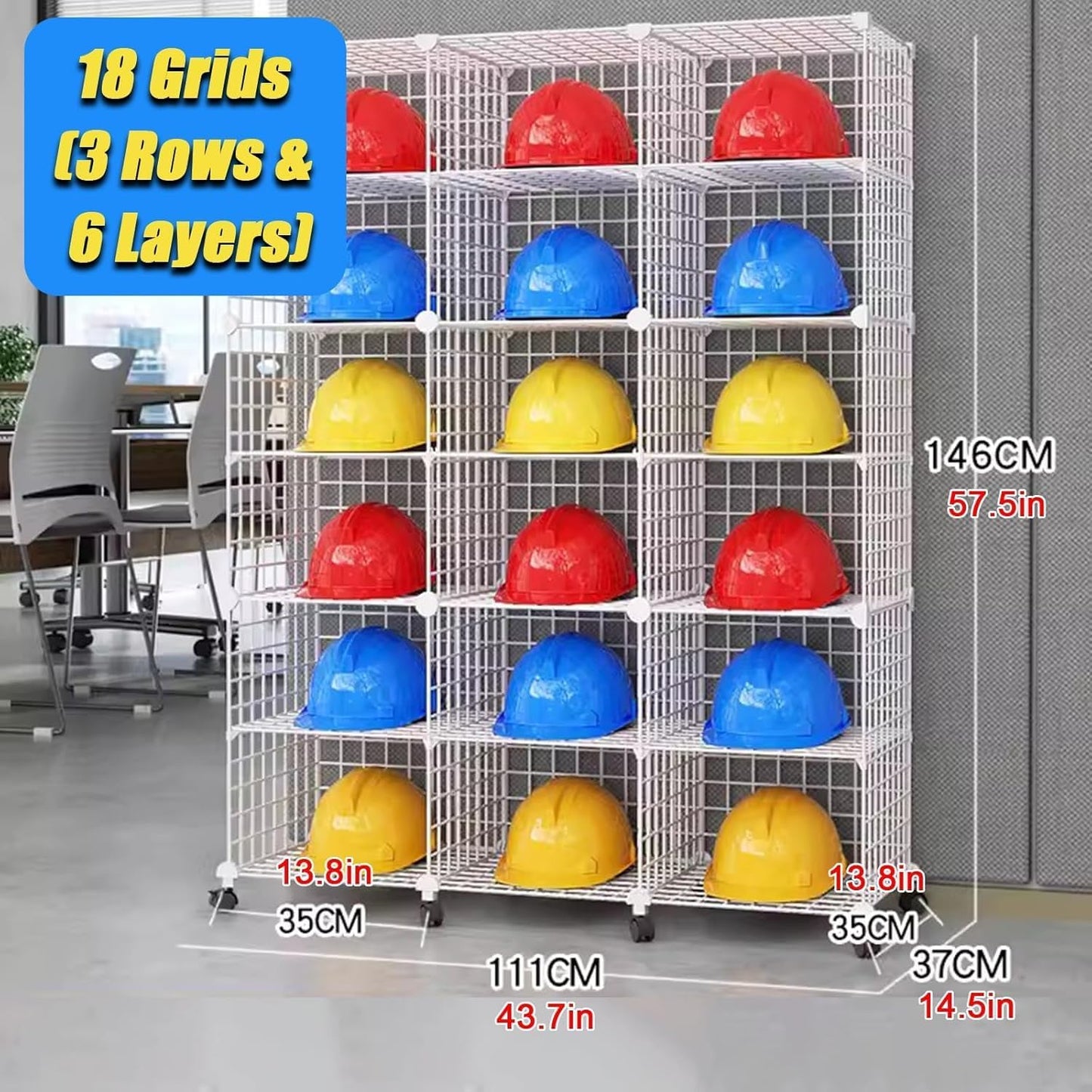 Stackable Safety Helmet Storage Boxes, Large Adjustable Hard Hat Placement Organizer Rack,with Wheels,for Construction Site/Garage/Workshop/Factory Helmet Display Shelf (White, 18 Grids-3 * 6)