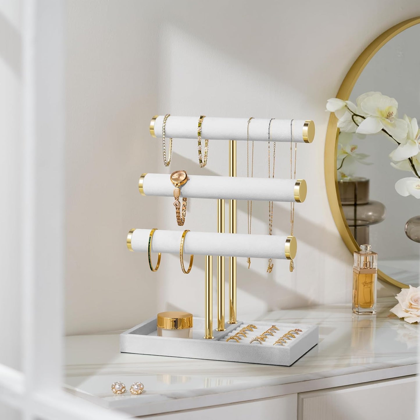 3 Tier Bracelet Holder Display - Detachable T Bar White Velvet Bracelet Holder, Jewelry Holder Organizer for Bracelet, Necklace, Watches, Rings