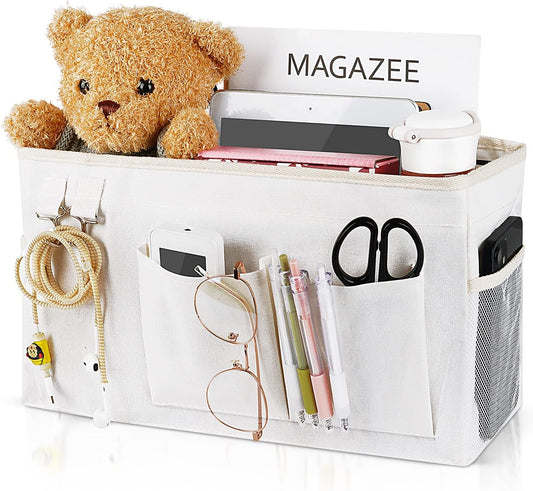 Bedside Caddy Bedside Organizer Hanging Storage Bag for Bunk College Dorm Bed and Hospital Beds with Magazine Water Bottle Phone Holder (White)