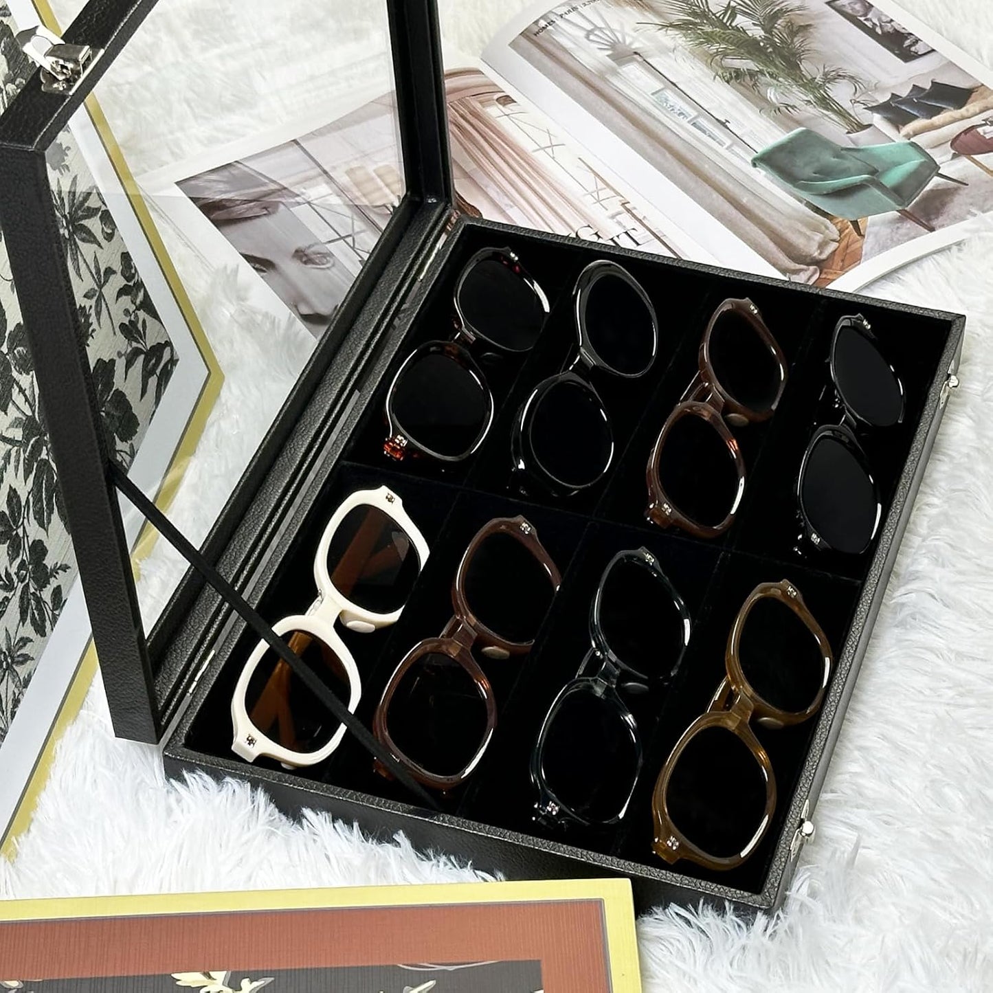 Wudygirl Jewelry and Sunglass Organizer - 8 Slot Storage With Clear Lid, Leather Eyeglasses Display for Women and Men (8 Grid)