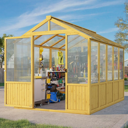 Jocisland 6x8x6.5 Ft Wooden Outdoor Storage Shed, Pre-Assembled Cedar Frame, Outdoor Shed with Lockable Door, Adjustable Roof Vents, Polycarbonate Panels for Outdoor, Garden, Backyard