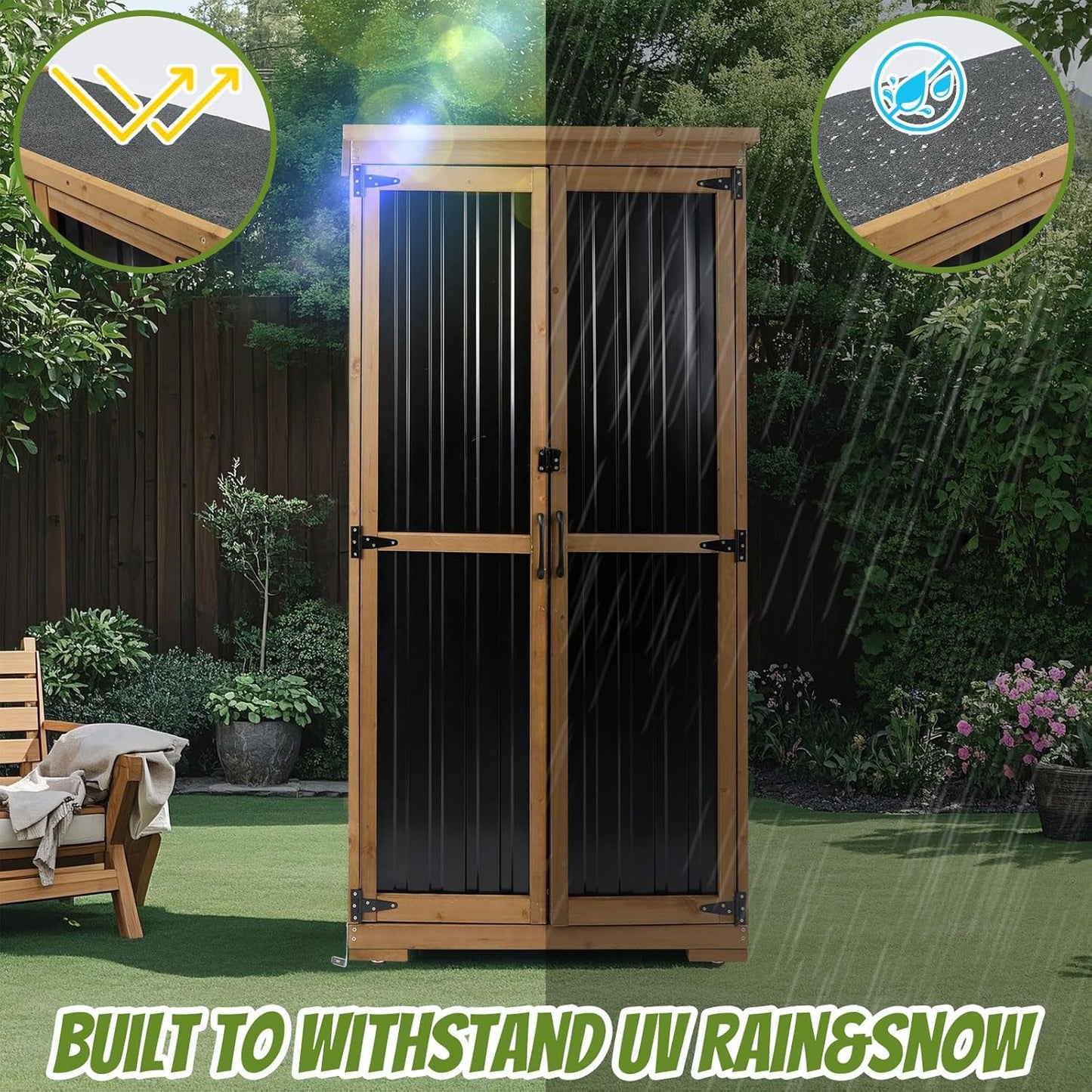 Outdoor Storage Cabinet with Shelf, Wood & Metal Storage Shed with Waterproof Roof & Lockable Doors,Tall Outdoor Cabinets for Patio Backyard, Gardening Tools and Accessories, Brown