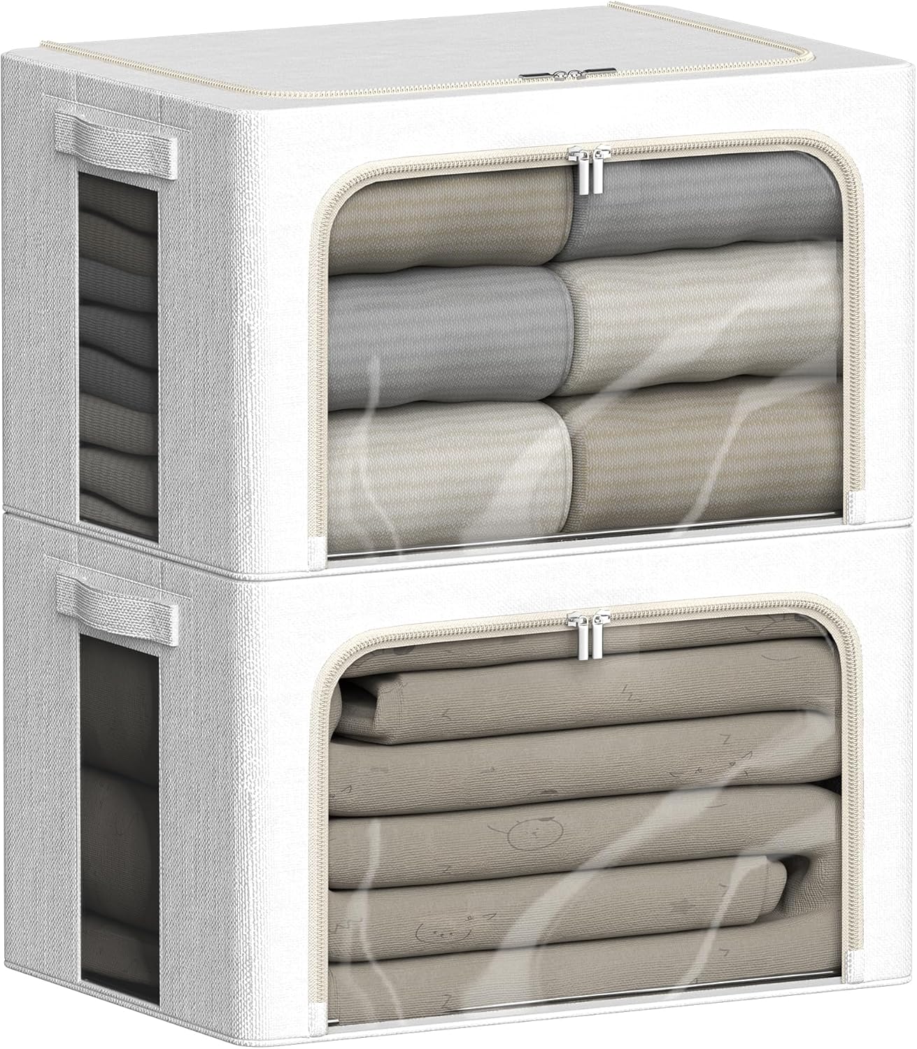 FHSQX 2 Pack Clear Window Storage Bins - Large Stackable Linen Fabric Storage for Clothes Foldable Container Organizer Set with Carrying Handles (Lvory White, 15.7x 11.8x 11.7 Inch)