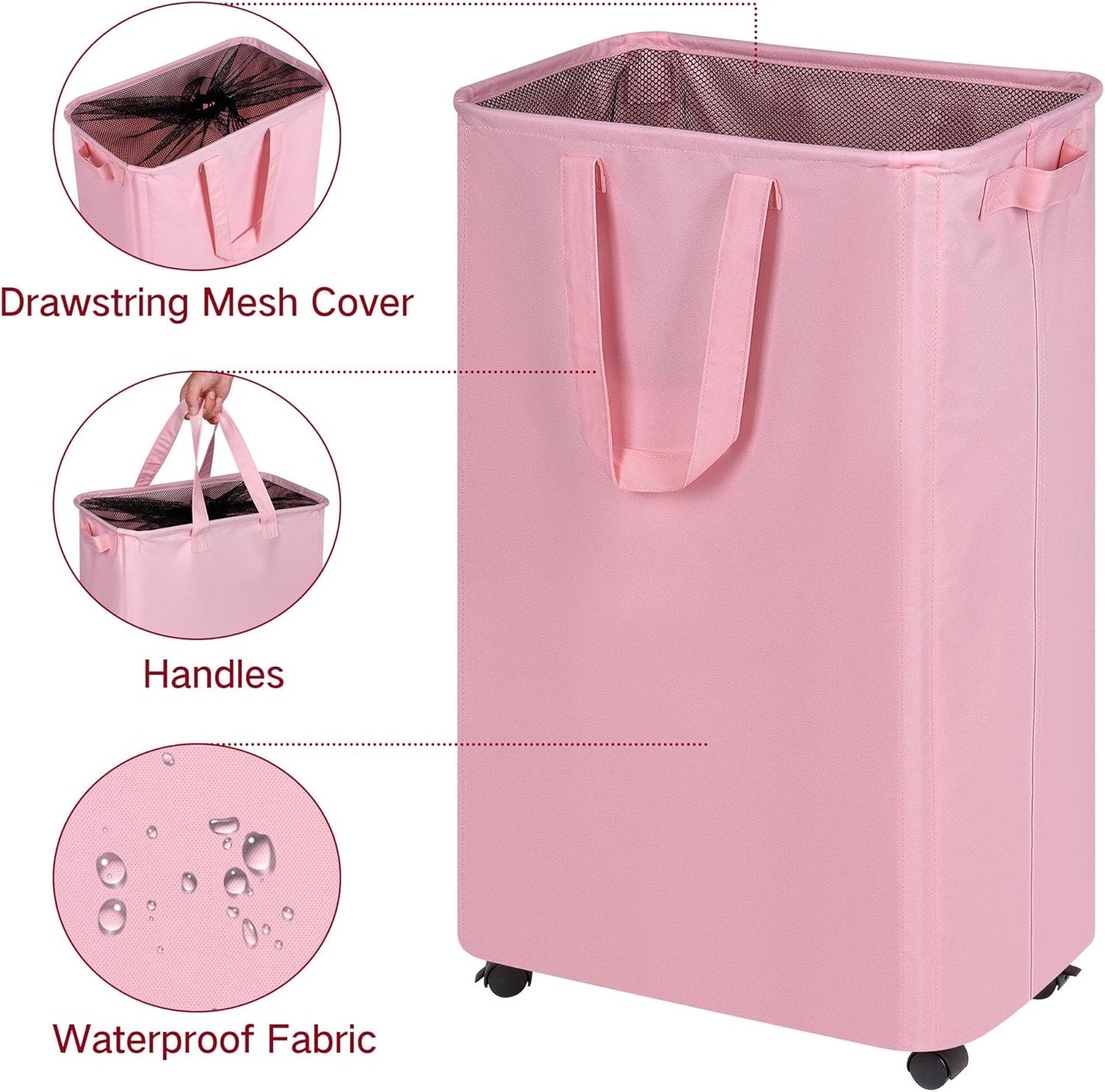 efluky Slim Laundry Hamper with Wheels, Rolling Laundry Basket for Clothes, Small Laundry Basket for Bedroom, Dorm and Laundry Room, 75L (19.8 Gallons) Pink