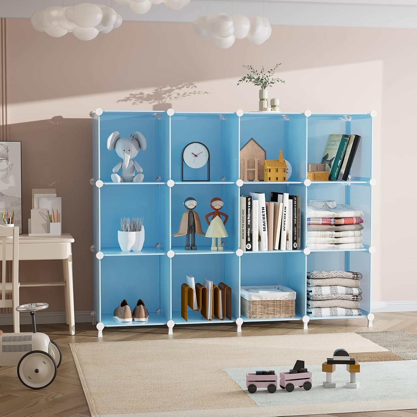 AWTATOS Cube Storage Organizer Protable Closet Organizers and Storage for Kids DIY Stackable 12 Cube Storage Shelves Clothes Organizer for Bedroom, Home, Blue