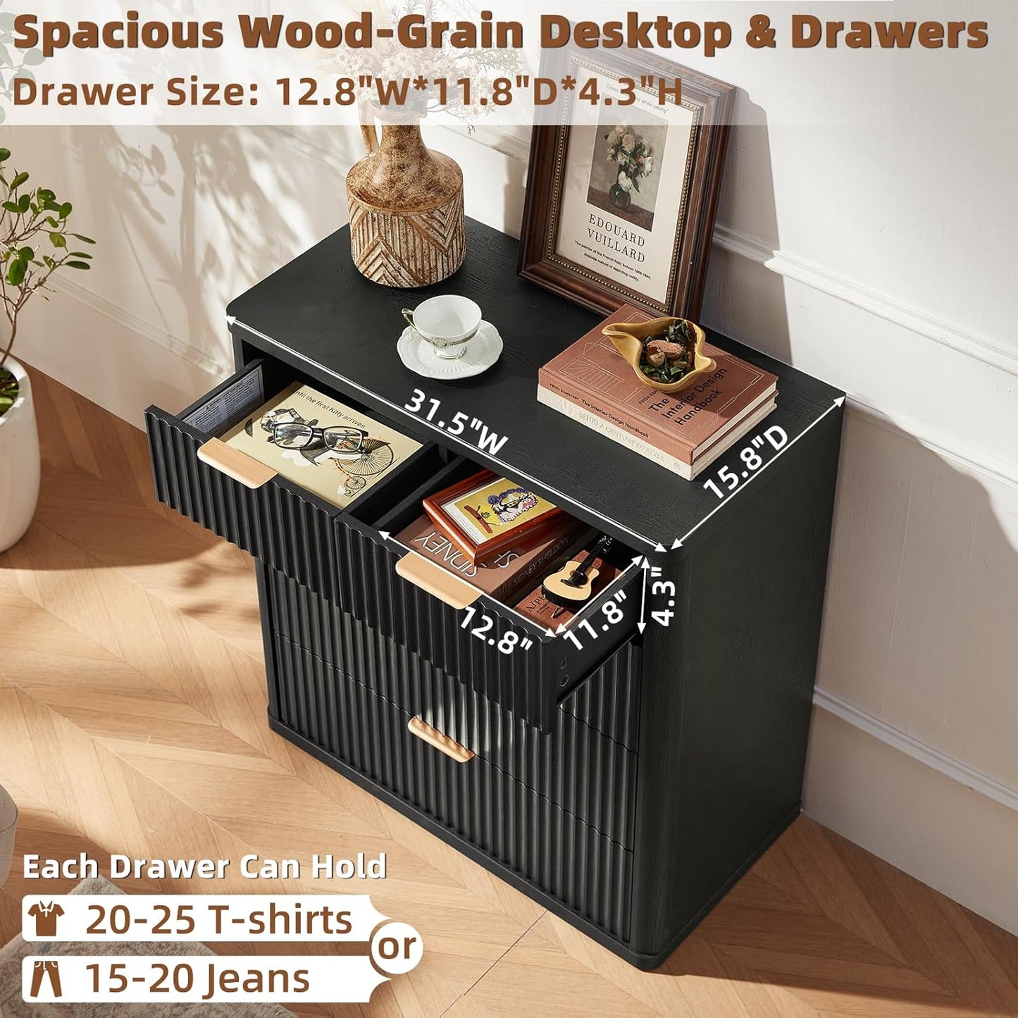 LEYAOYAO Fluted 5 Drawers Dresser for Bedroom Set of 2, 34" Tall Modern Chest of Drawers with Metal Handle, Curved Profile Design,Black Wood Drawer Organizer for Bedroom, Living Room, Hallway