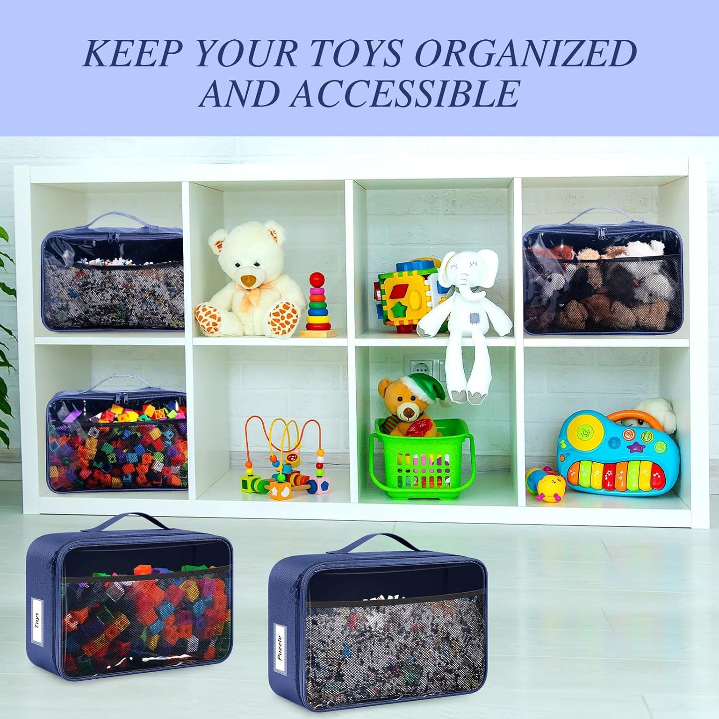 Abbylike 6 Pack Toy Storage Bag Bricks Building Set Car Toy Organization Bags for Traveling Carrying Case, Storage Organizer Puzzles(Navy)