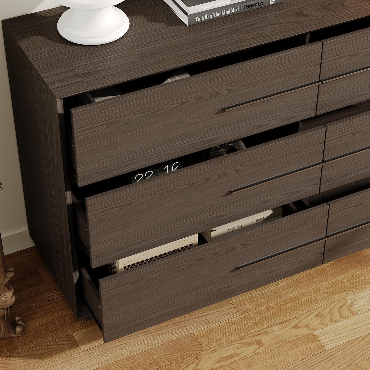 Bedside Table with 6 Drawers, Modern Side Table, Wide Nightstand, Wooden Bed Side Tables, Wood Grain Floor Storage Organizer with Metal Handles for Sofa Couch Bedroom, Dark Brown