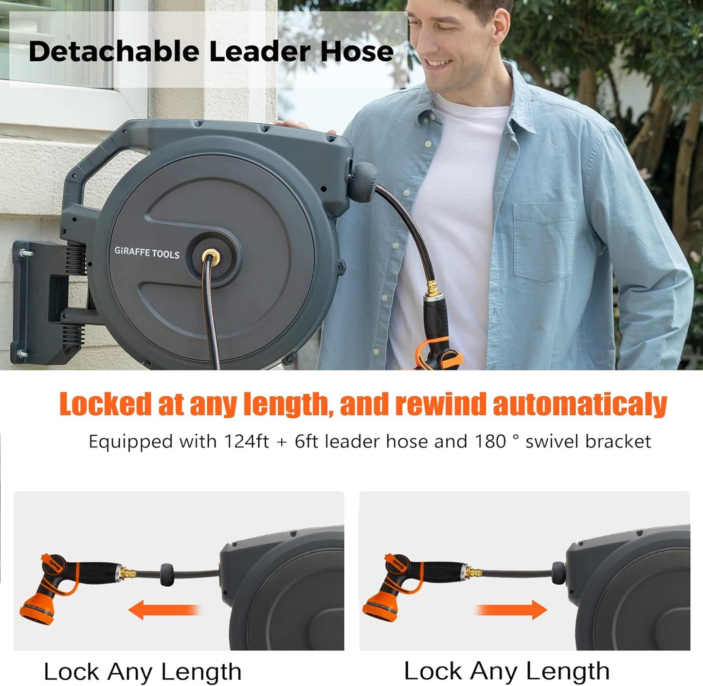 Giraffe Tools Retractable Garden Hose Reel 5/8 inch x 90 ft Hose Reels for Outside, Wall Mounted Water Hose Reel with 180 Deg Swivel Bracket, Any Length Lock, 9 Pattern Hose Nozzle