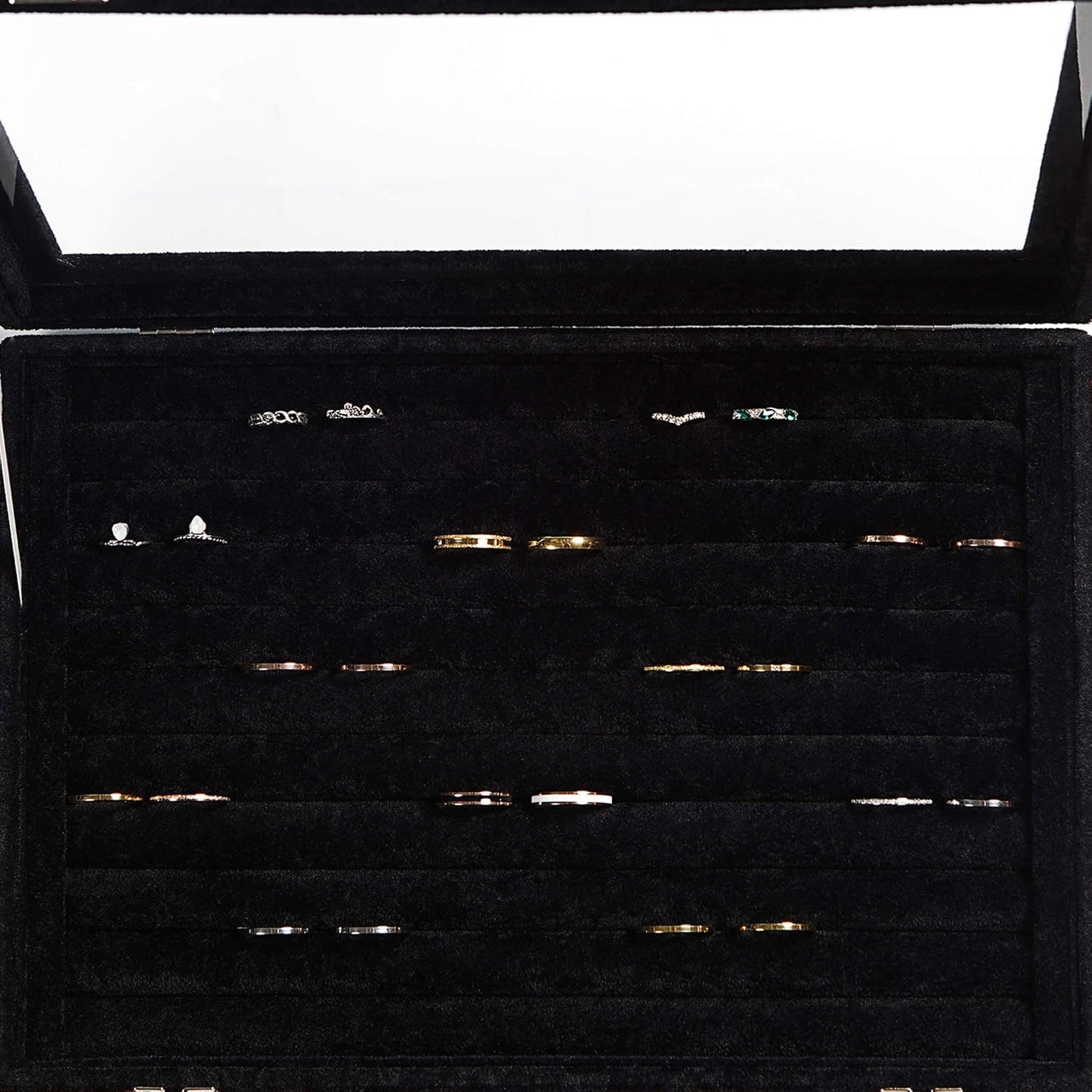 Frebeauty Rings/Earrings Organizer Tray with Clear Lid 10 Slots Velvet Drawer Insert Jewelry Storage box with Transparent Glass lid Jewelry Display Case Showcase Gift for Girls Women (Black, 10 Slots)