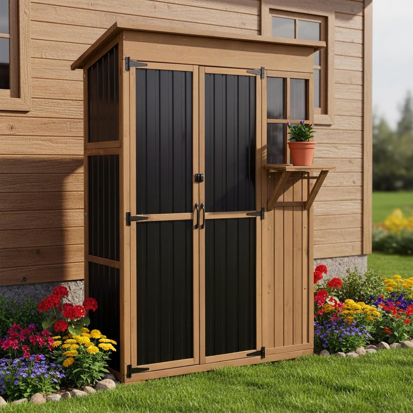 Large Storage Shed, Wood & Metal Outdoor Storage Cabinet with External Foldable Table,Waterproof Roof,Three Shelves, Outdoor Cabinets for Patio Backyard, Garden Garage Tool Shed, Brown