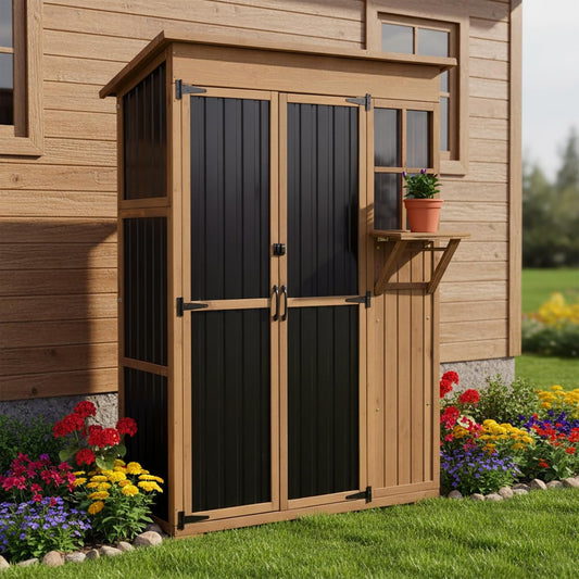 Large Storage Shed, Wood & Metal Outdoor Storage Cabinet with External Foldable Table,Waterproof Roof,Three Shelves, Outdoor Cabinets for Patio Backyard, Garden Garage Tool Shed, Brown