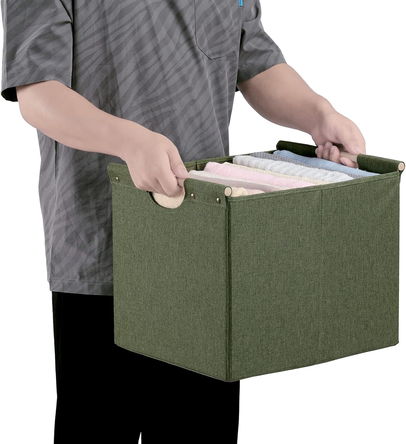HOONEX Large Collapsible Storage Bins, Linen Fabric, Pack of 2, Storage Baskets with Wooden Carry Handles and Sturdy Heavy Cardboard, for Home, Office, Car, Nursery, Olive