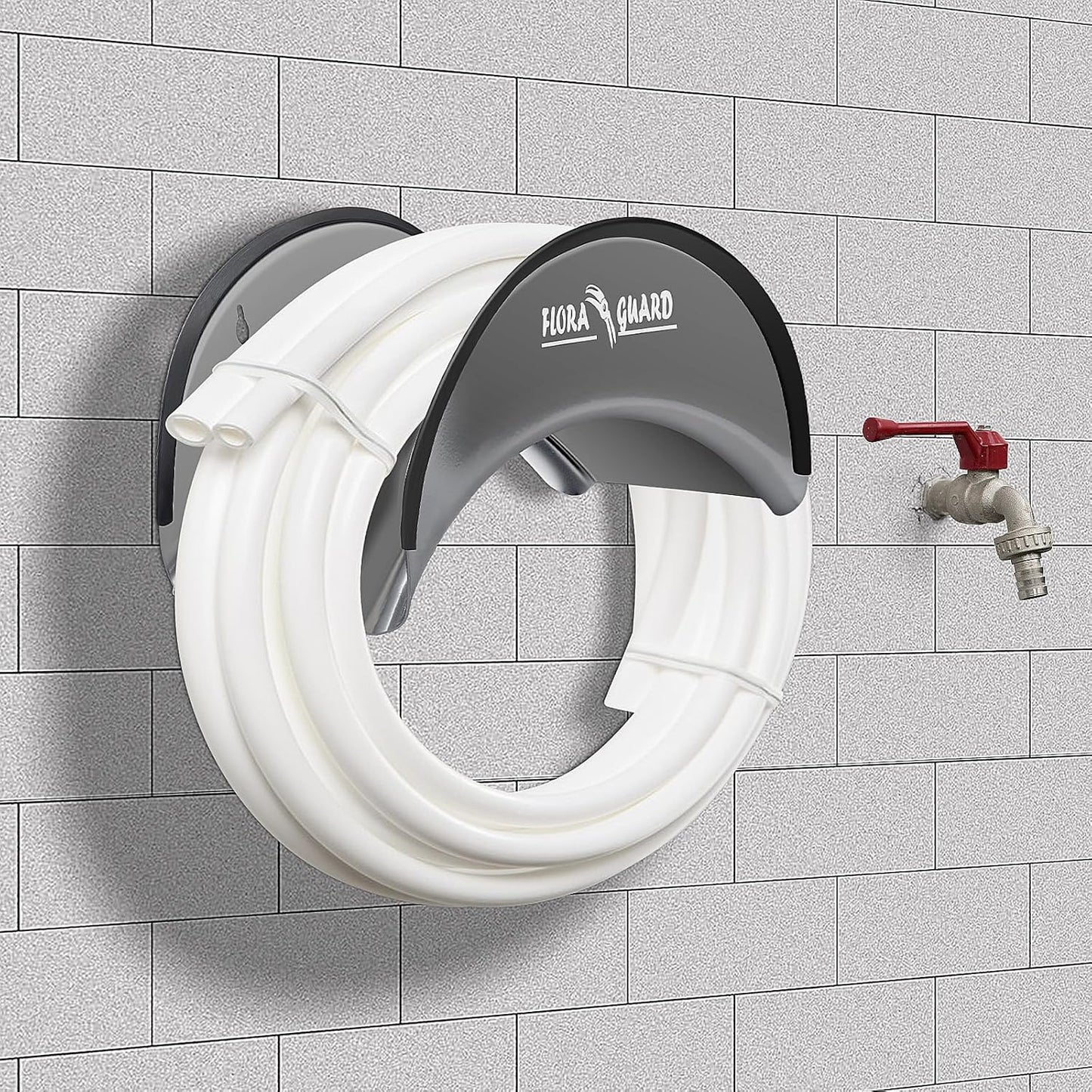 FLORA GUARD Garden Hose Holder, Heavy-Duty Hose Hanger, Holds Up to 125 ft, Garden Rack Wall Mount for Outside, Rust and Slip Resistant, Gray