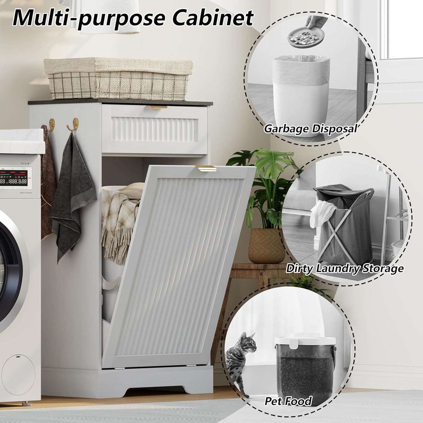 13 Gallons Tilt Out Trash Can Cabinet, Wooden Fluted Trash Garbage Can Cabinet with Drawers, Hidden Laundry Hamper with Hooks for Kitchen Living Room, White