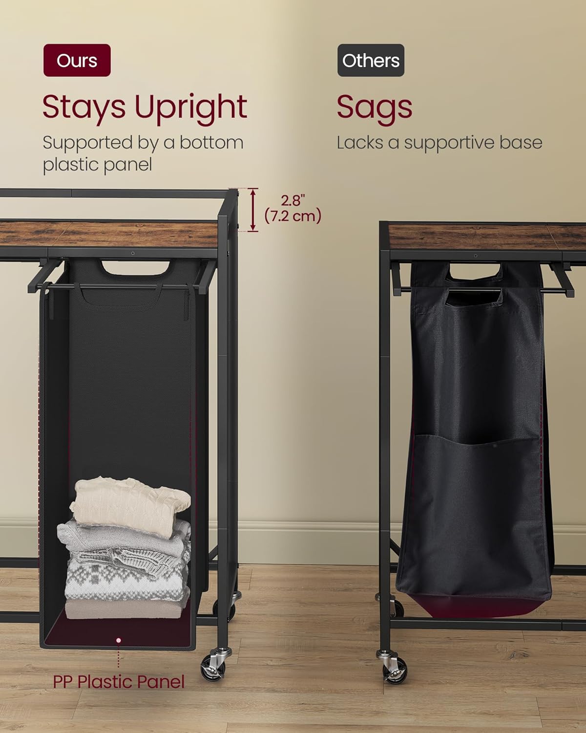 VASAGLE Laundry Sorter, 43.5 Gal. (165 L) Laundry Hamper Basket with 3 Compartments, Rolling Cart with Wheels, Shelf, Removable Bags, Pockets, Ink Black and Rustic Brown UBLH031B01